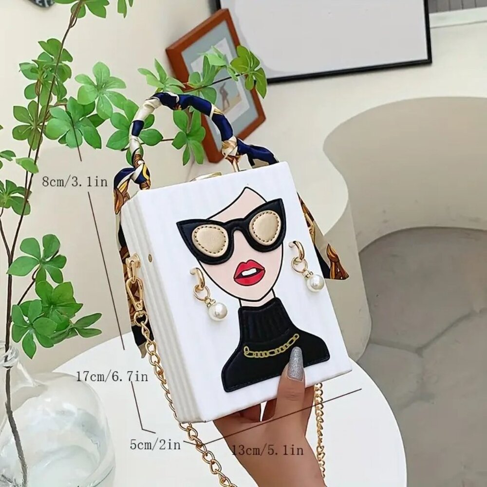 Fashion Lady Face Trendy Box Handbag for Women w/Pearl Earrings, Scarf Handle - Picture 7 of 16